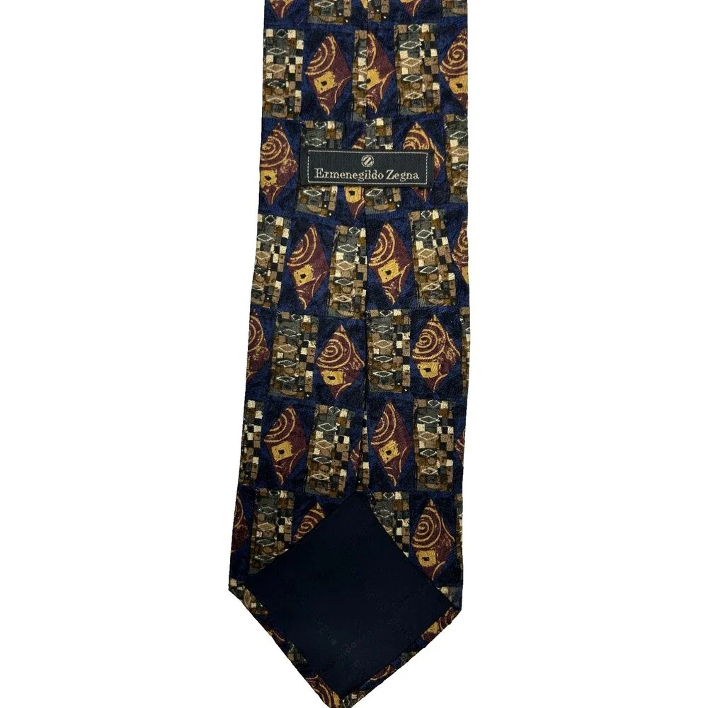 Ermenegildo Zegna Tie Silk Blue Burgundy Gold Geometric Abstract 58.25